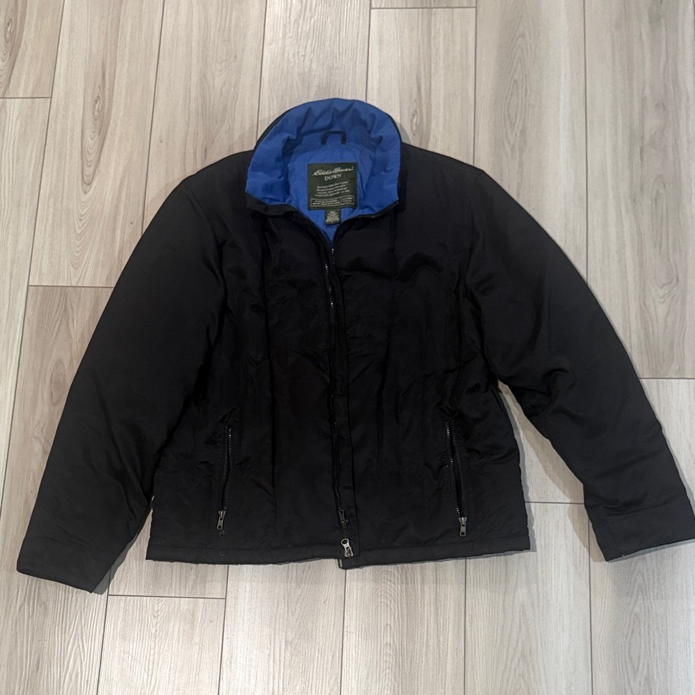 Eddie Bauer Men's Black Puffer Jacket with Blue Collar